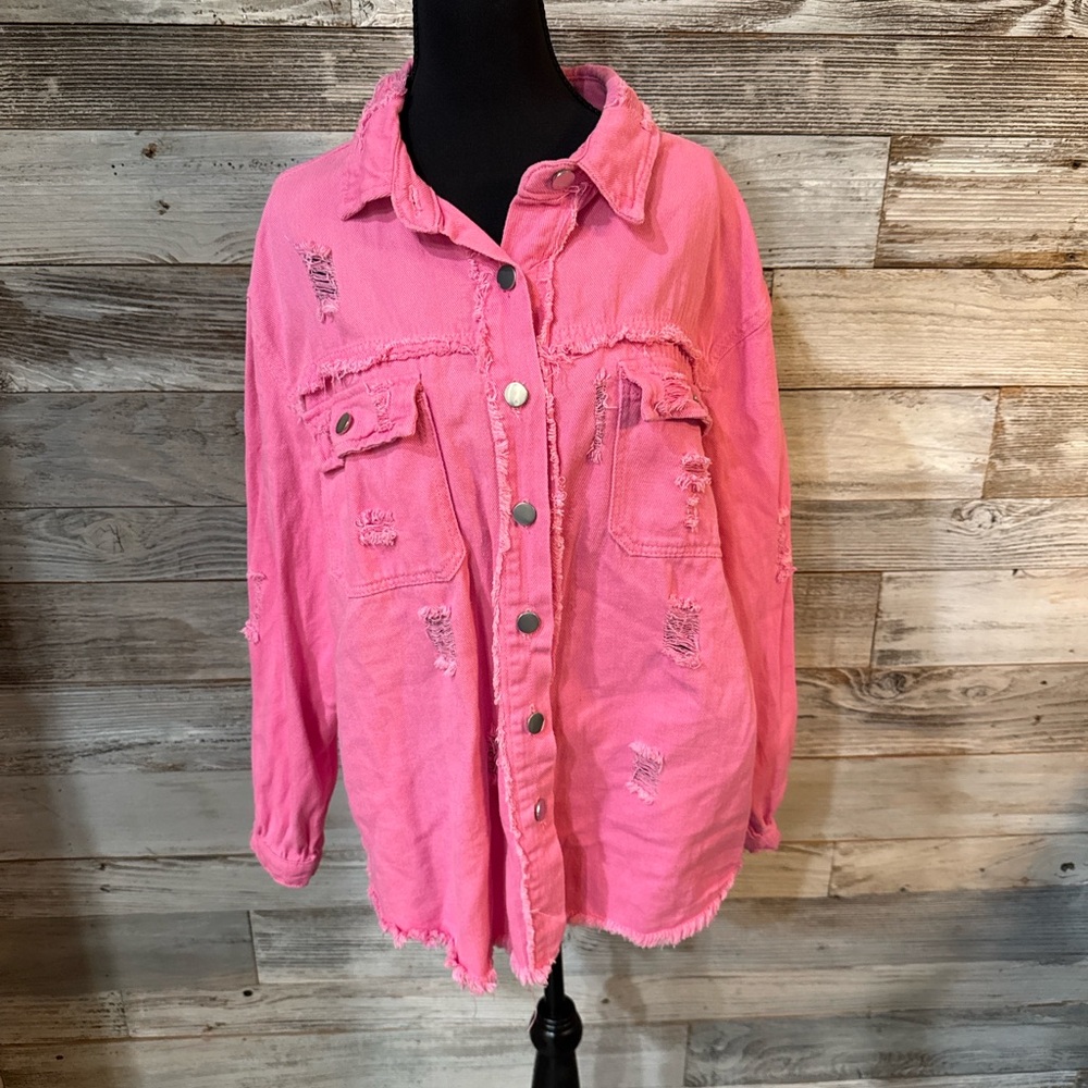 NWT Vibrant Pink Frayed Button-Up Shacket